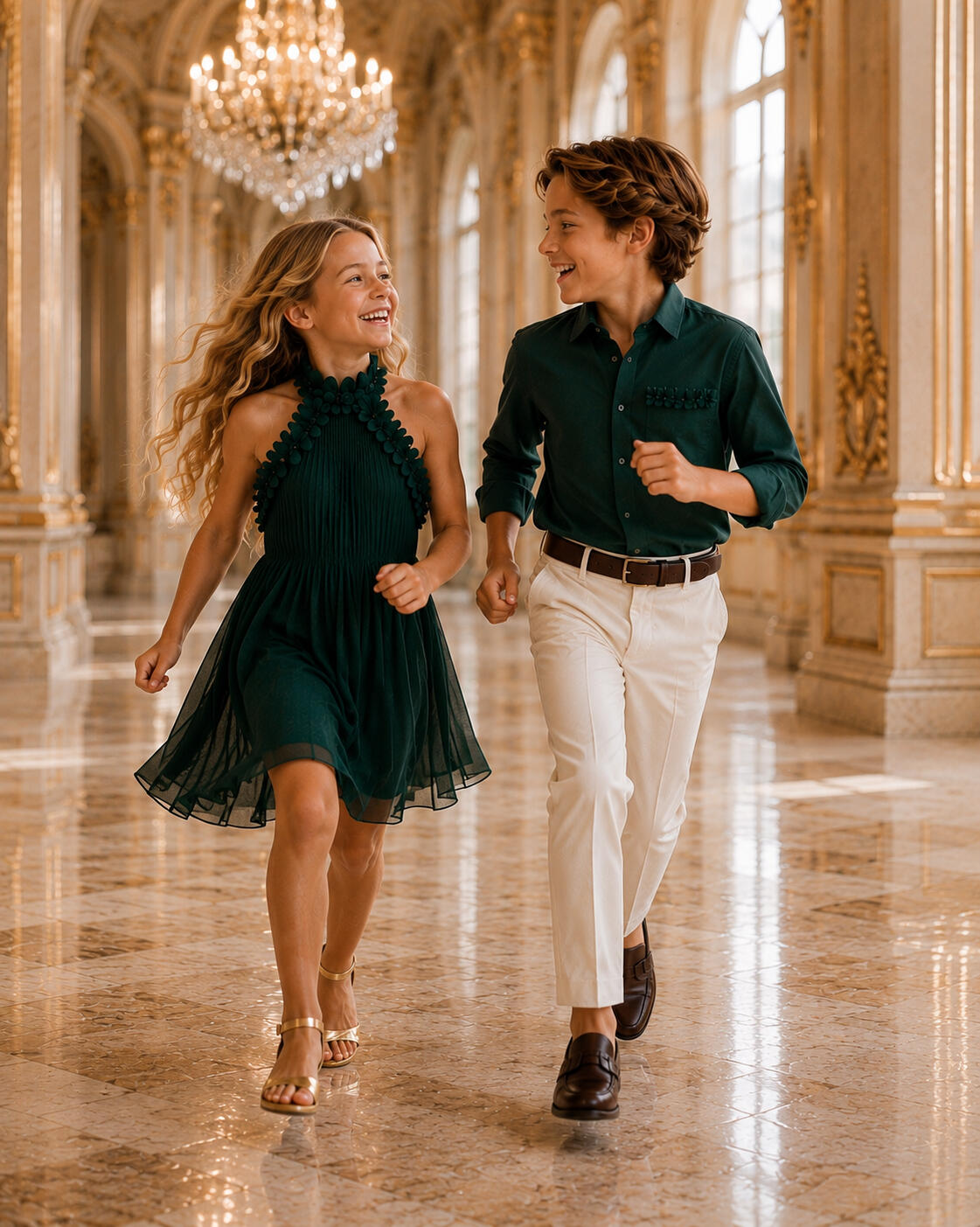 Brother and sister in matching deep green sibling outfits by Maison Orayat