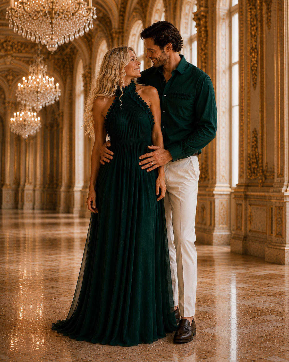 Couple in matching deep green evening outfits by Maison Orayat