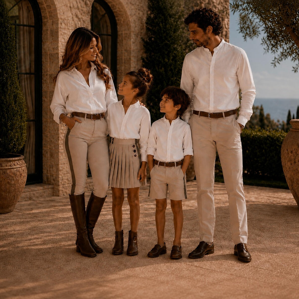 Maison Orayat family in matching linen shirts at the villa